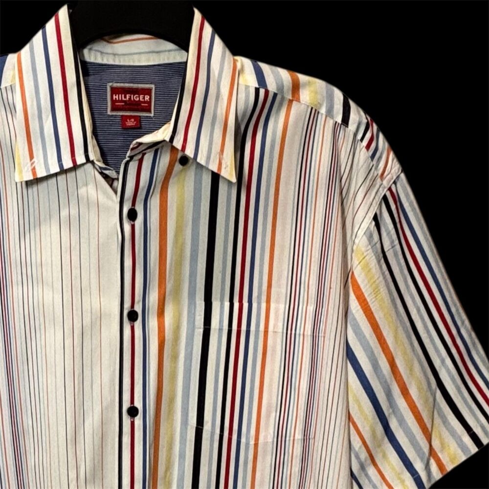 Hilfiger Men’s Large Shirt SS Denim Line button front multi stripe oxford pocket